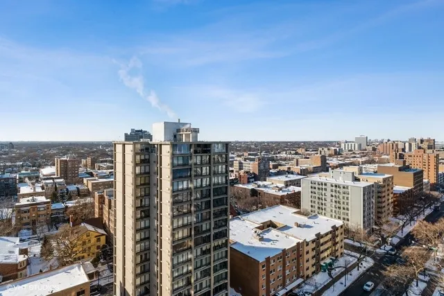 a city view with tall buildings