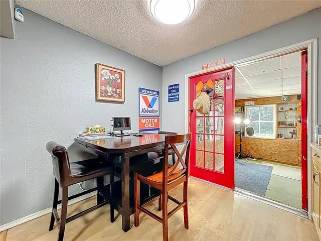 a view of a dining room with furniture