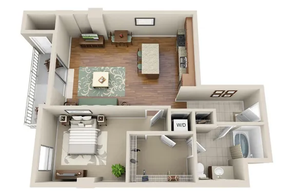 a living room with furniture and a mirror