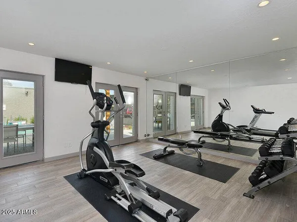 a view of a room with gym equipment