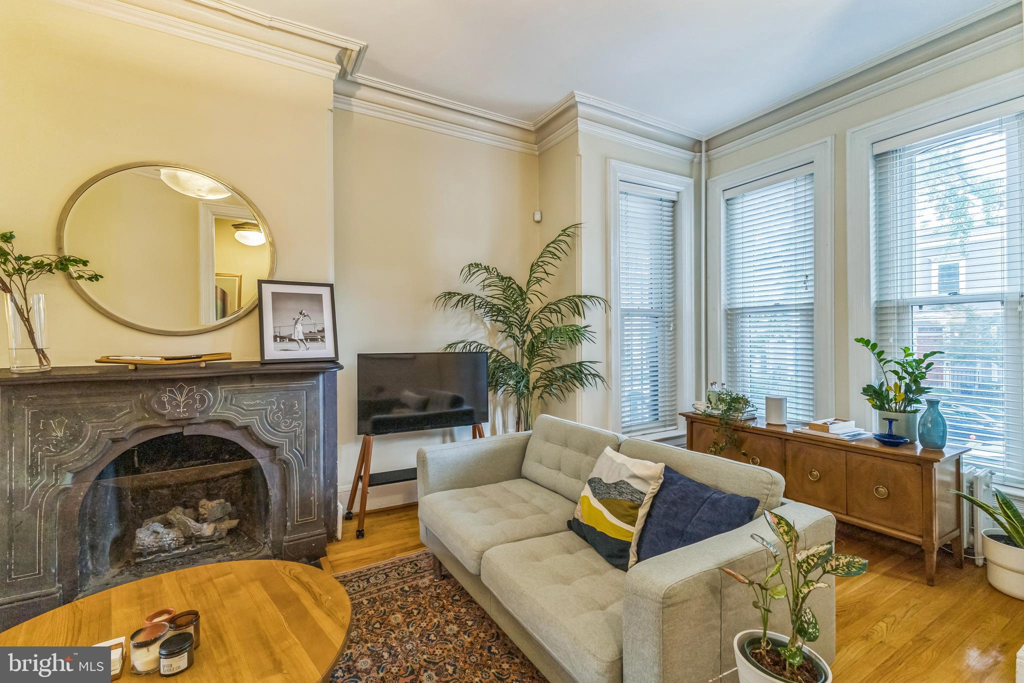 1414 Swann Street Northwest Washington, DC 20009 - Photo 7 of 38 a living room with furniture a fireplace and potted plants