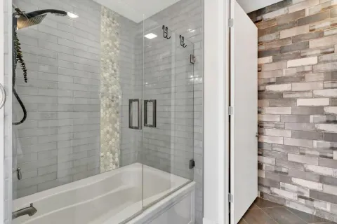 a bathroom with a bathtub