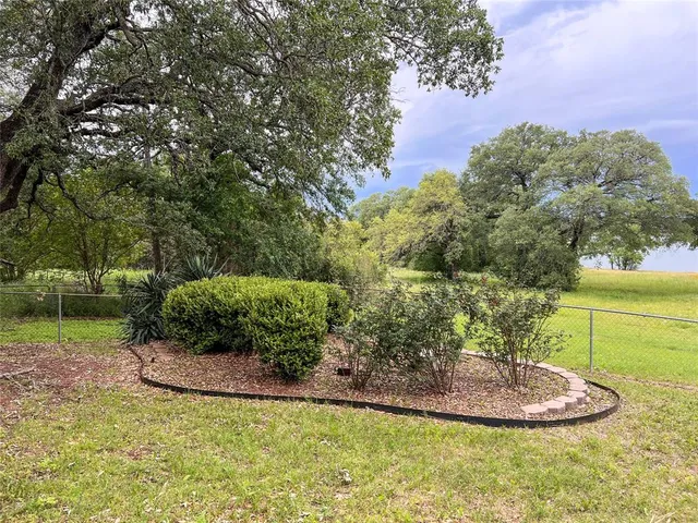 a view of a backyard with large trees