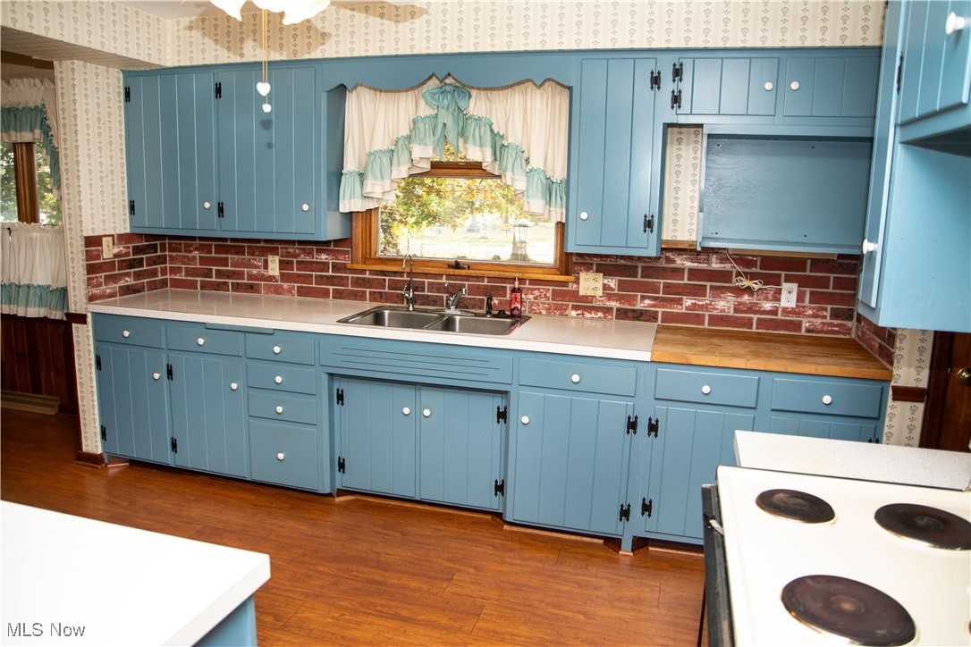 10050 New Buffalo Road Canfield, OH 44406 - Photo 16 of 49 Kitchen featuring sink, blue cabinetry, and laminate flooring