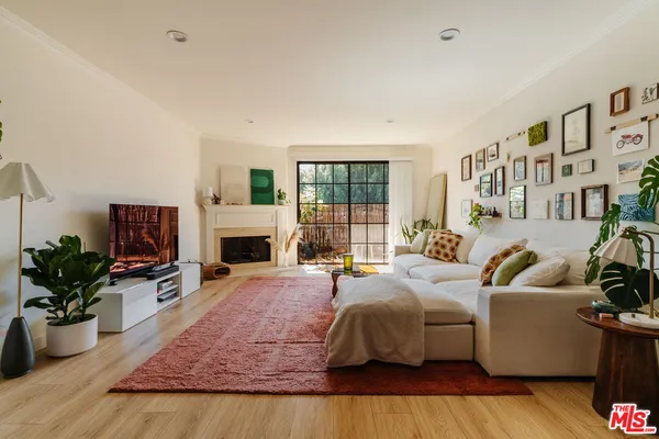 a living room with furniture fireplace and potted plant