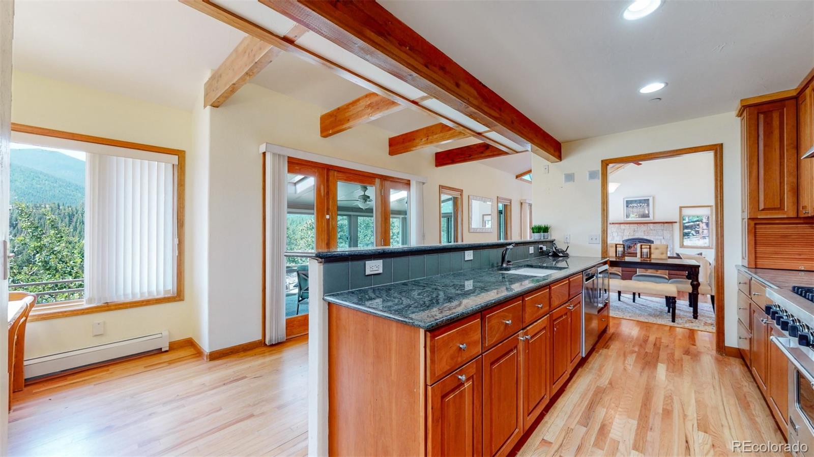 153 Ski Road East Allenspark, CO 80510 - Photo 16 of 40 a kitchen with stainless steel appliances granite countertop a stove and wooden floor