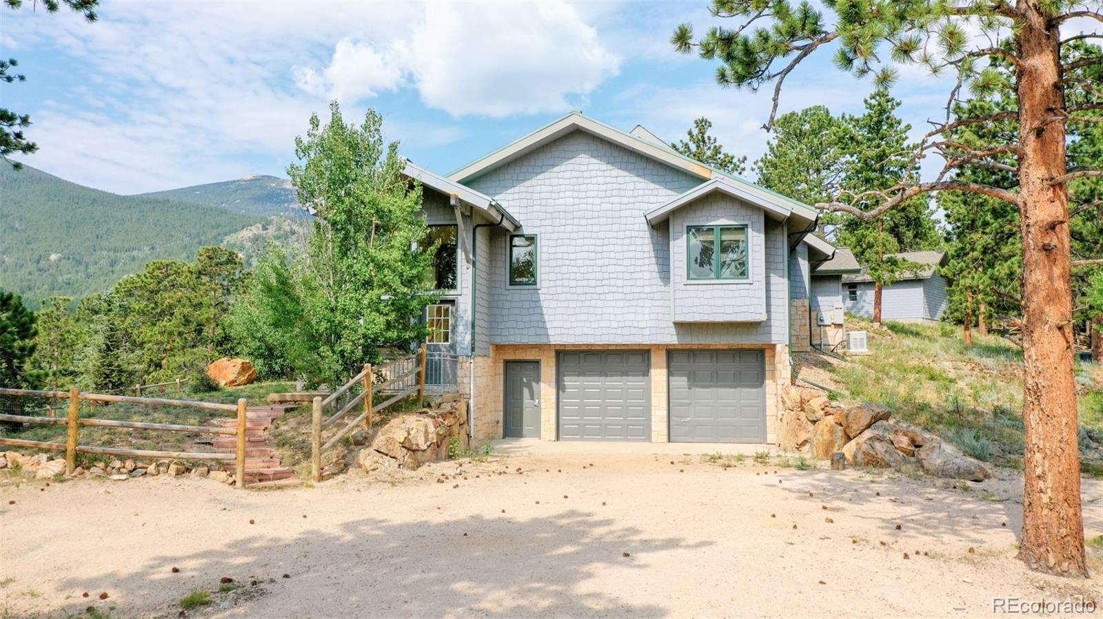 153 Ski Road East Allenspark, CO 80510 - Photo 3 of 40 a front view of a house with a yard covered with trees