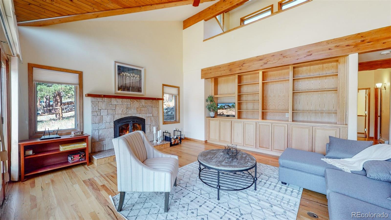 153 Ski Road East Allenspark, CO 80510 - Photo 9 of 40 a living room with furniture and a fireplace