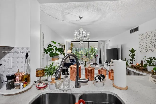 a kitchen with a potted plant on the counter and cabinets