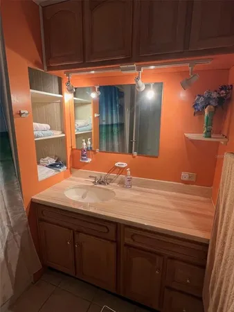 a bathroom with a sink and a mirror