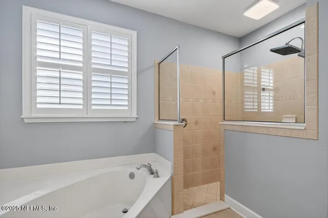 a bathroom with a bathtub and a shower