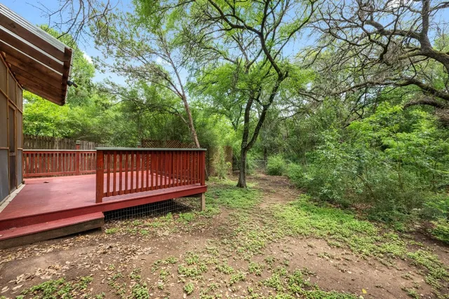 a view of a yard with large trees and wooden fence