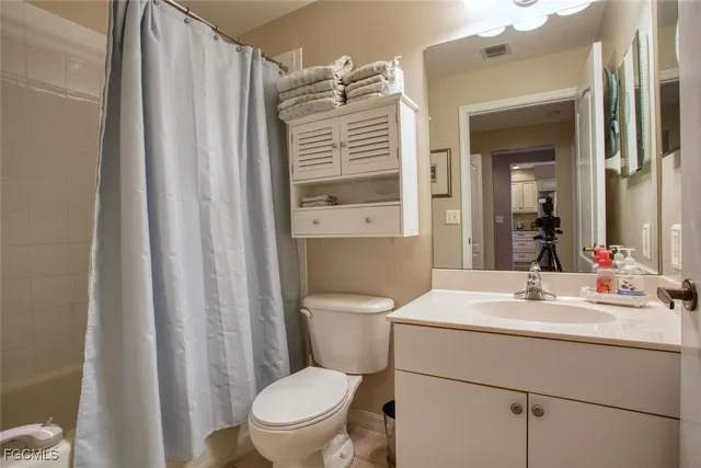 a bathroom with a sink a toilet a mirror and shower curtain