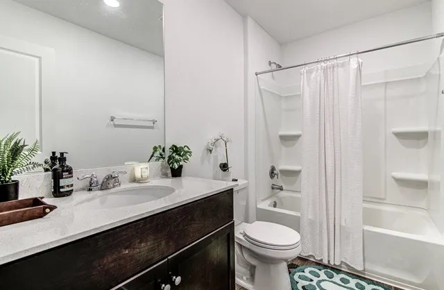 a bathroom with a sink a toilet a shower and a mirror