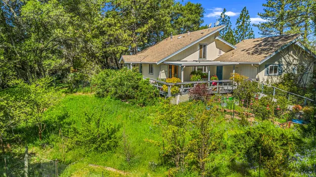 a view of a house with a small yard and large tree