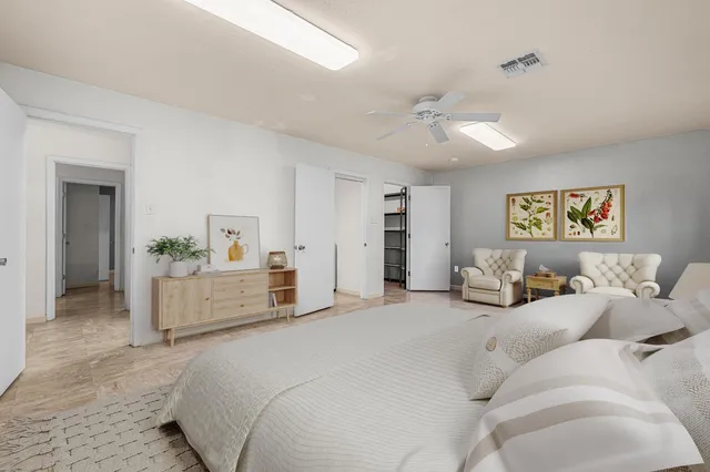 a view of a yard with plants and large trees