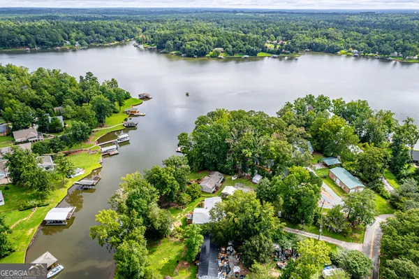 a view of a lake with a building in the background