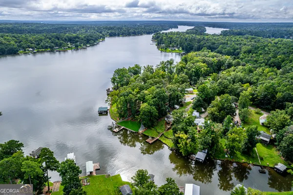 an aerial view of a house with a garden