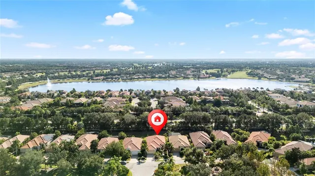 a view of a lake in middle of the town