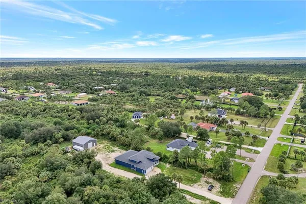 an aerial view of residential houses with outdoor space and trees
