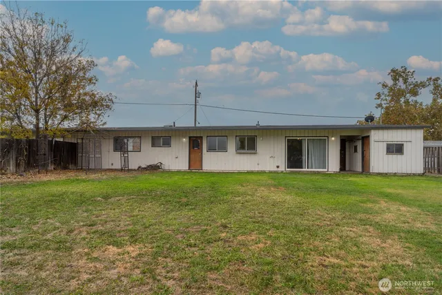 a view of a yard in front of a house with a large tree