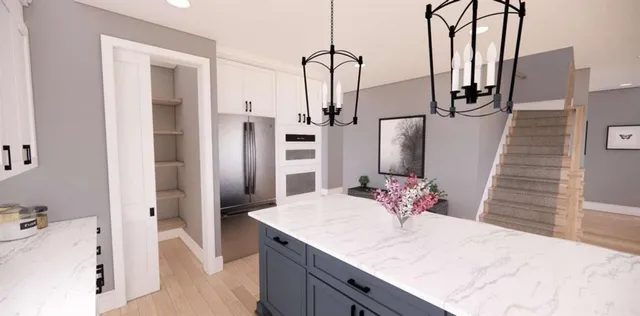 a view of a kitchen cabinets and a fireplace