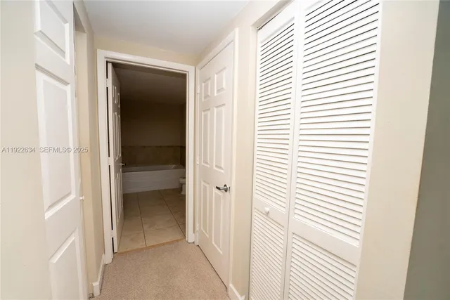 a view of a hallway with closet and a white door