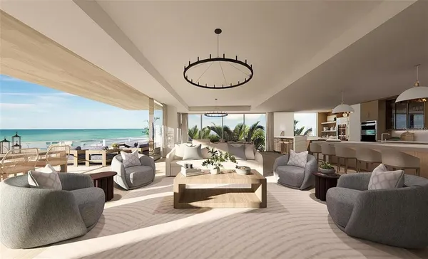 a living room with furniture potted plant and a large window