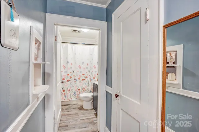 a bathroom with a sink a toilet and shower curtain