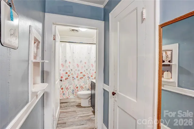 a bathroom with a sink a toilet and shower curtain