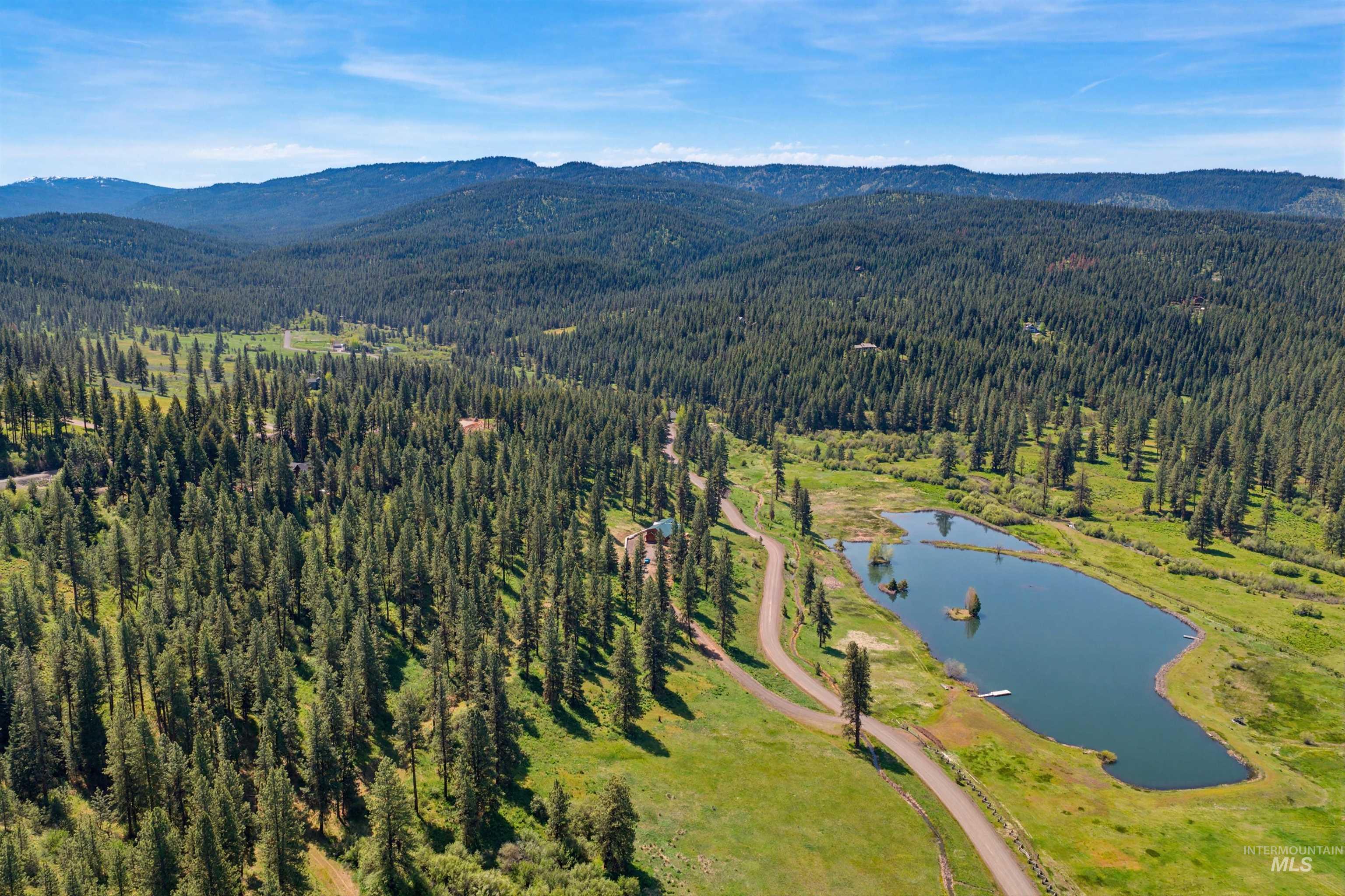 3322 Big Creek Road New Meadows, ID 83654 - Photo 13 of 50 Expansive natural landscape featuring a private pond with a small dock, surrounded by lush green meadows and dense evergreen forests