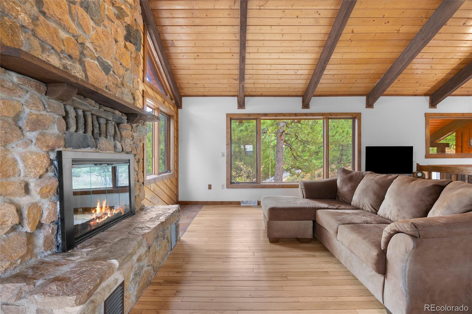 730 Clear Creek Road Evergreen, CO 80439 - Photo 6 of 44 a living room with furniture and a fireplace