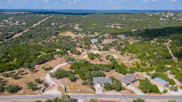 an aerial view of residential houses with outdoor space and trees