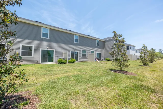 a view of a yard with plants and large trees