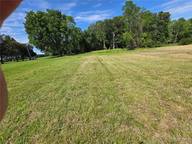 a view of a field with trees in the background