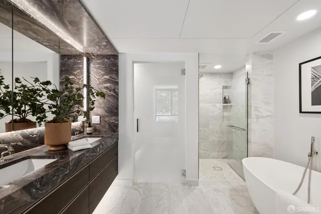 a bathroom with a potted plant a sink and a shower