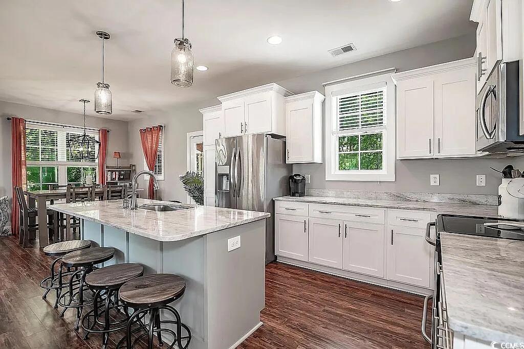 399 Lumbee Circle Pawleys Island, SC 29585 - Photo 11 of 30 Kitchen featuring dark wood-type flooring, decorative light fixtures, an island with sink, a kitchen breakfast bar, and appliances with stainless steel finishes
