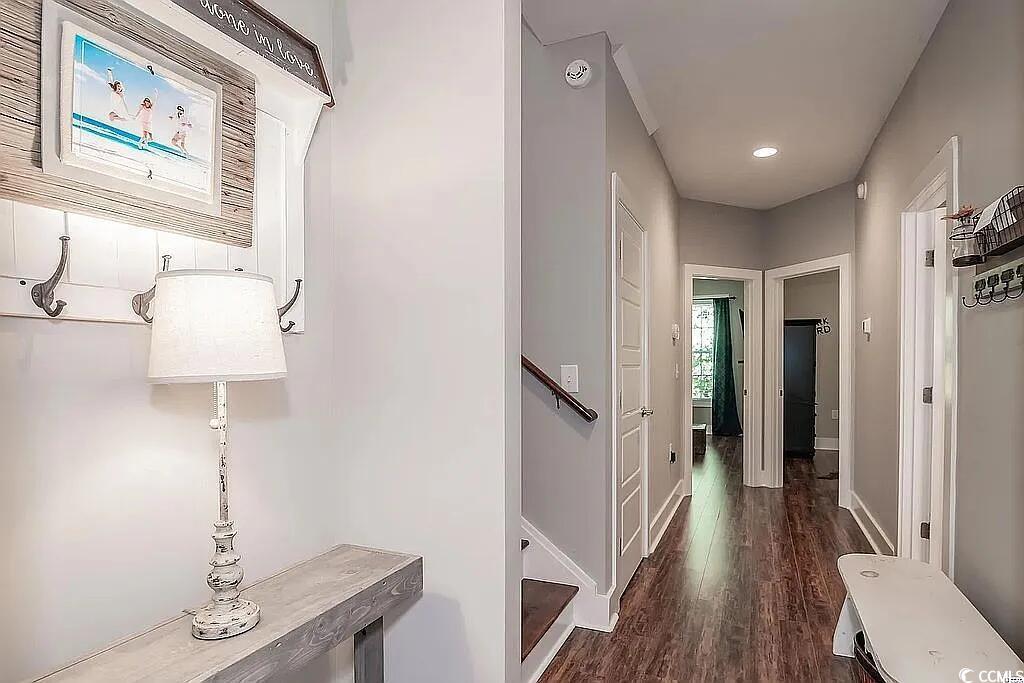 399 Lumbee Circle Pawleys Island, SC 29585 - Photo 19 of 30 Hallway with dark wood-style flooring and recessed lighting