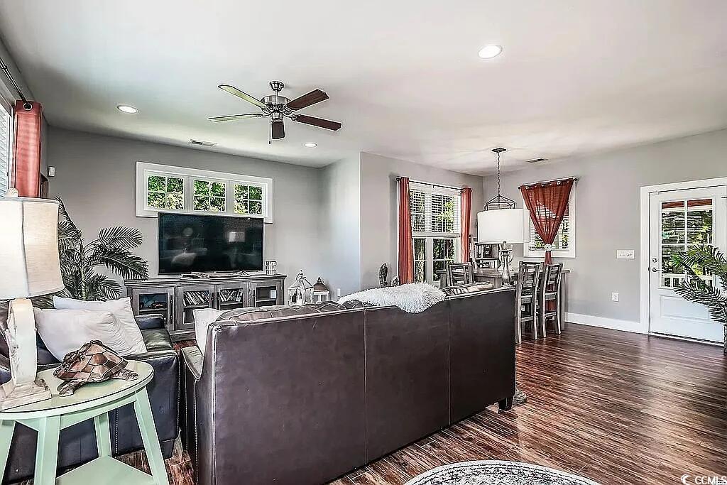 399 Lumbee Circle Pawleys Island, SC 29585 - Photo 5 of 30 Living room featuring recessed lighting, dark wood finished floors, and a ceiling fan