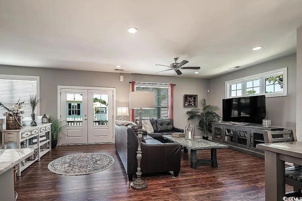 399 Lumbee Circle Pawleys Island, SC 29585 - Photo 6 of 30 Living area featuring french doors, dark wood-style flooring, recessed lighting, and ceiling fan