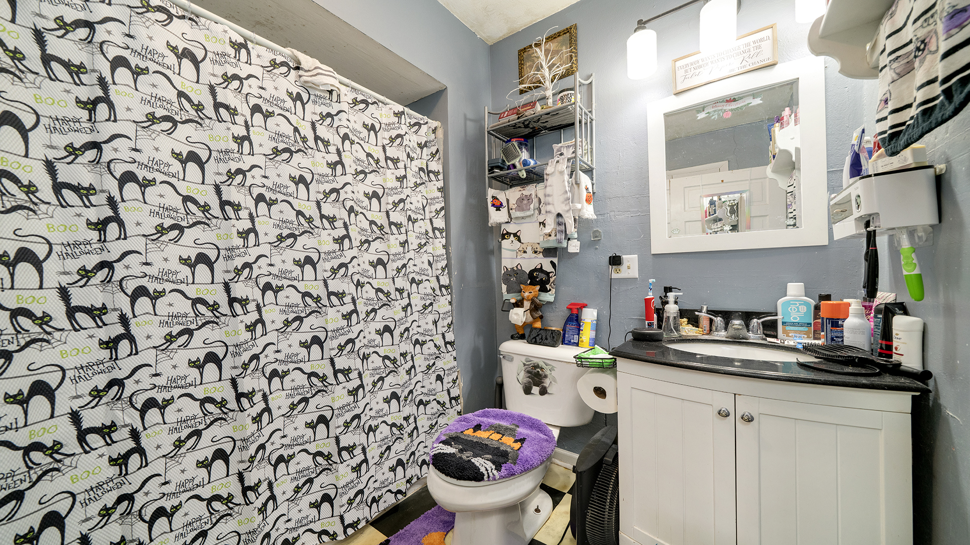 128 West 2nd Street Byron, IL 61010 - Photo 10 of 48 a bathroom with a sink toilet and shower curtain