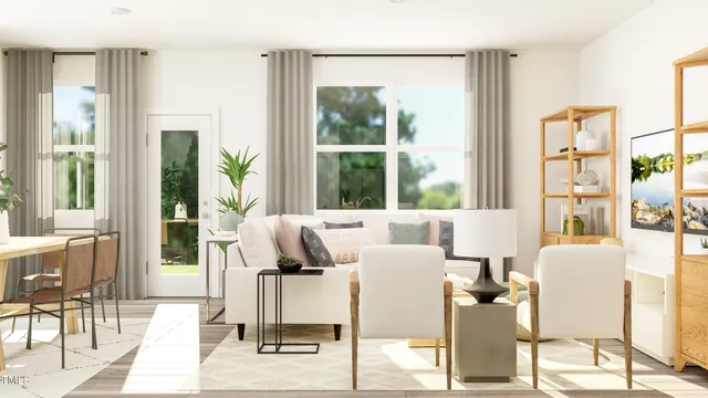 a dining room with furniture and window