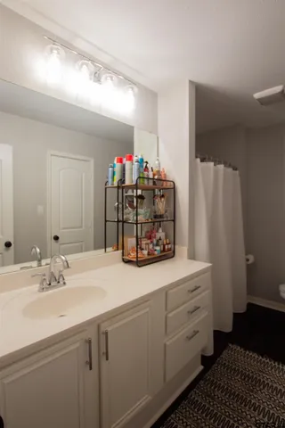 a bathroom with a sink and a mirror