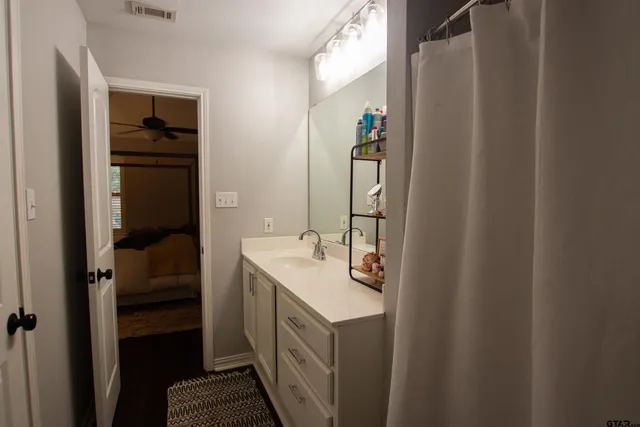 a bathroom with a sink and mirror