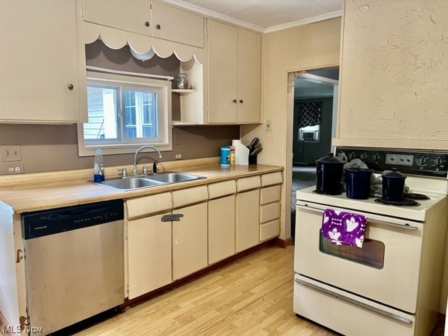 2360 Sheperds Valley Road New Cumberland, WV 26047 - Photo 7 of 16 Kitchen featuring stainless steel dishwasher, ornamental molding, white range with electric stovetop, white cabinets, light countertops, and light hardwood floors
