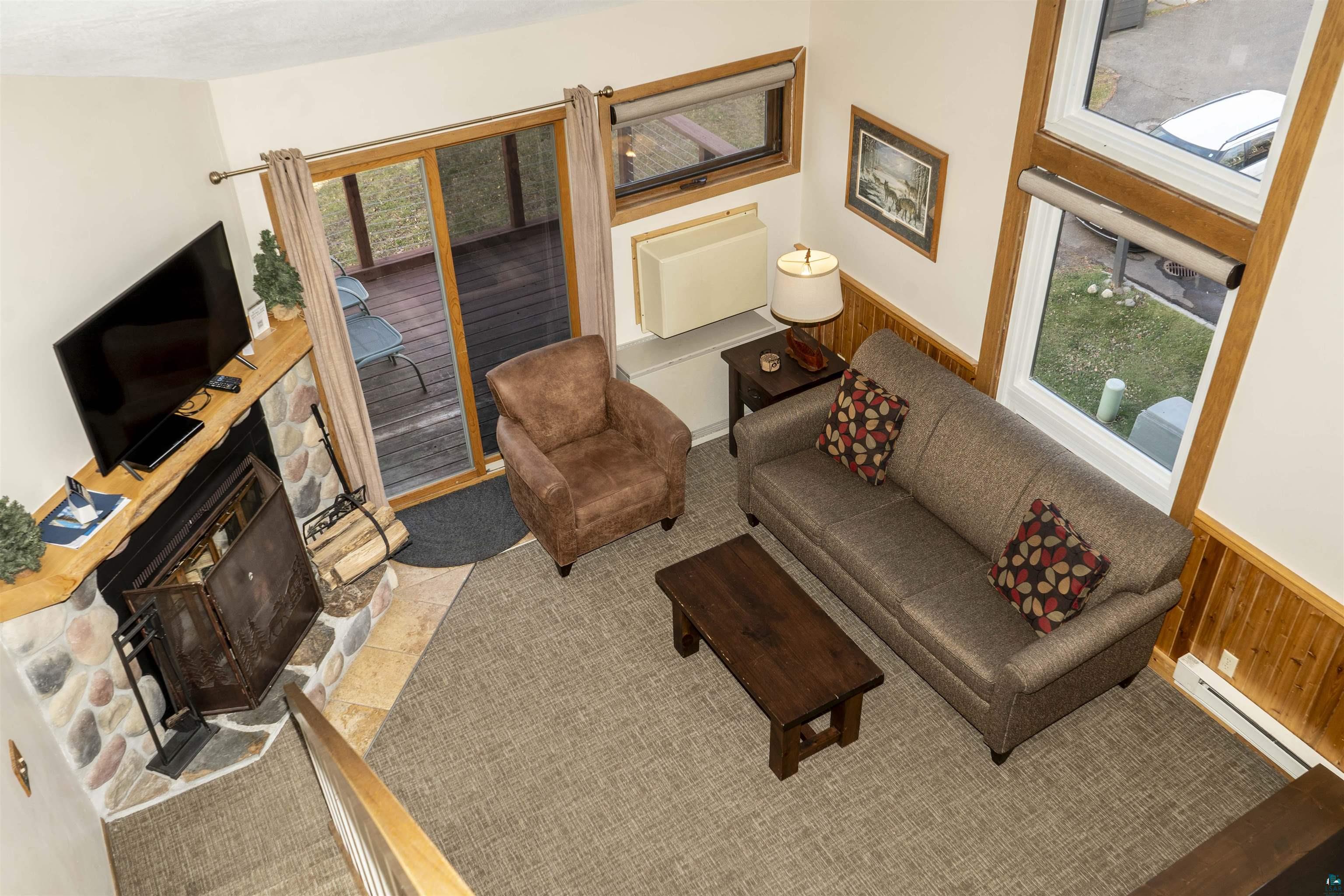 111 Bridge Run Lane, Unit 111 Lutsen, MN 55612 - Photo 14 of 48 Living area with healthy amount of natural light, baseboard heating, a fireplace, and a wainscoted wall