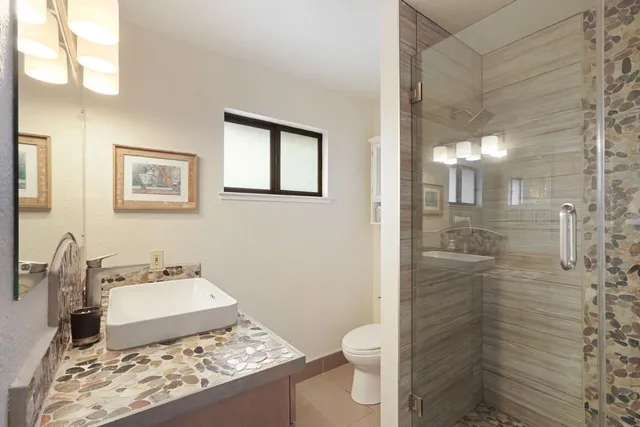 a view of a patio with table and chairs with wooden fence and plants