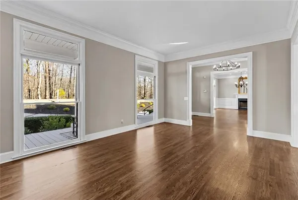 a view of a garden from a balcony