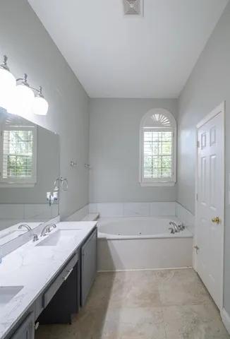 a bathroom with a tub a sink and mirror