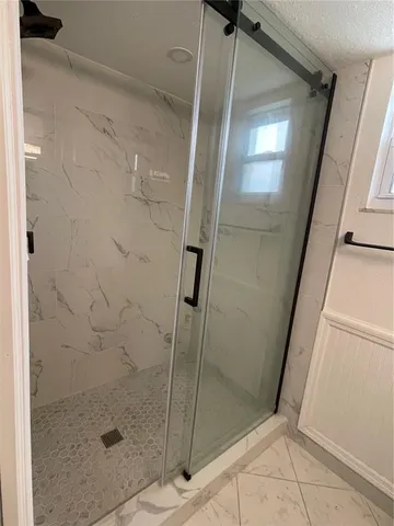 a bathroom with a shower and toilet